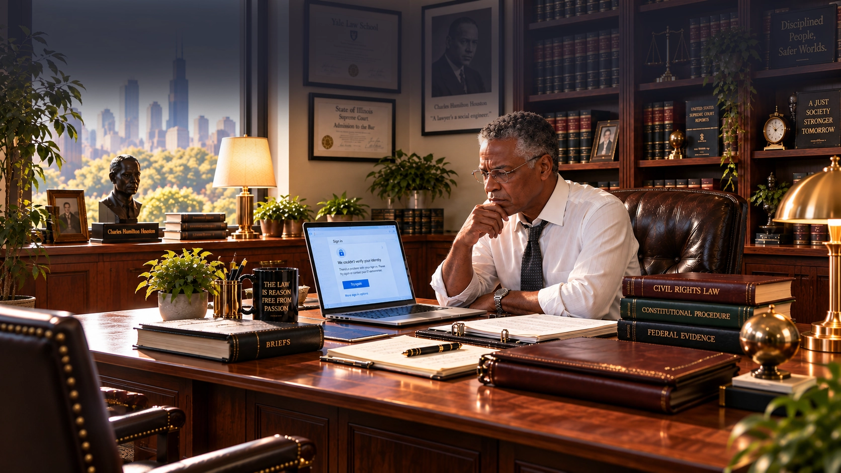 A focused lawyer at his desk, thinking through a tech problem