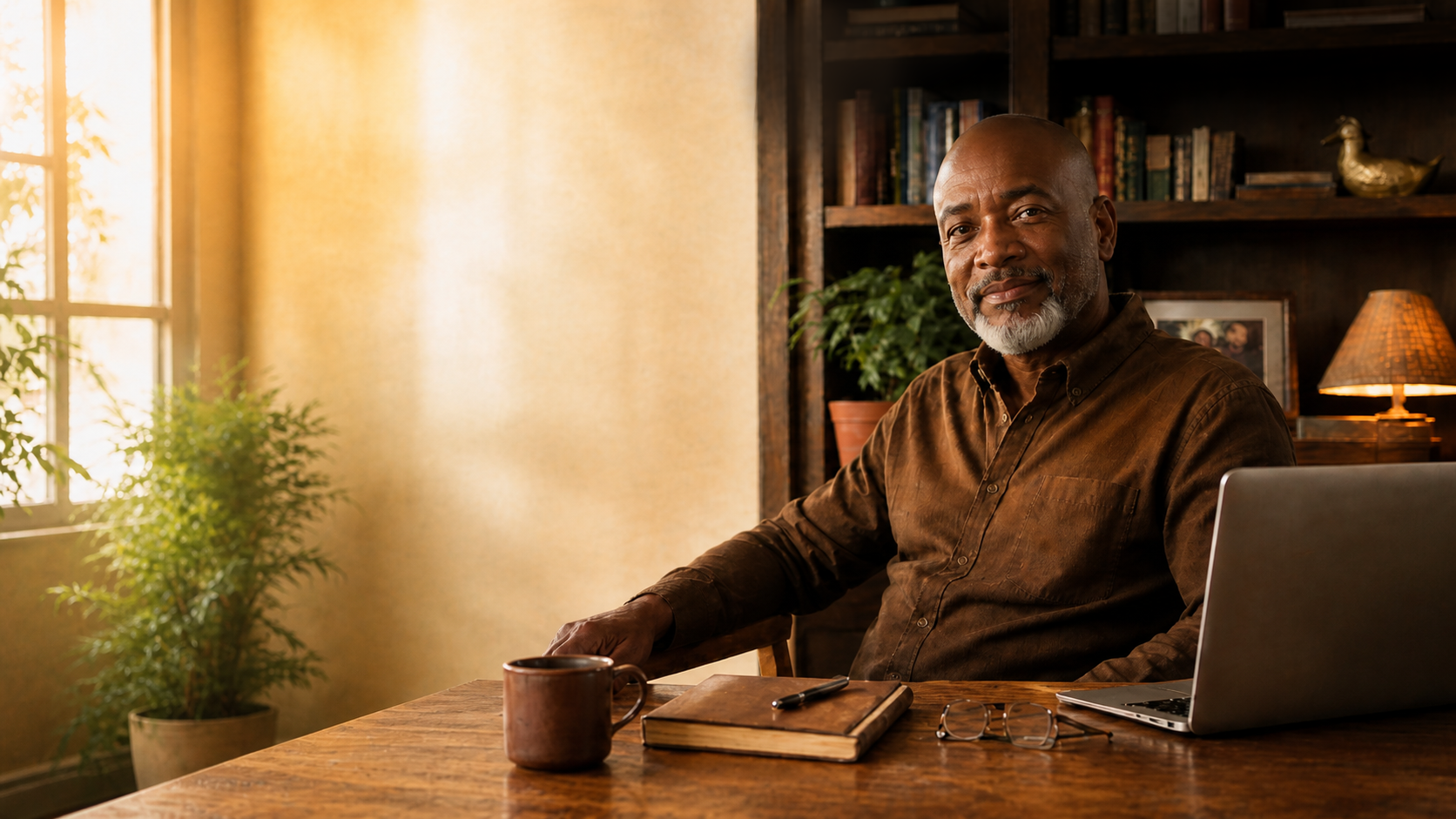 A confident 50+ entrepreneur at his workspace, ready to be welcomed