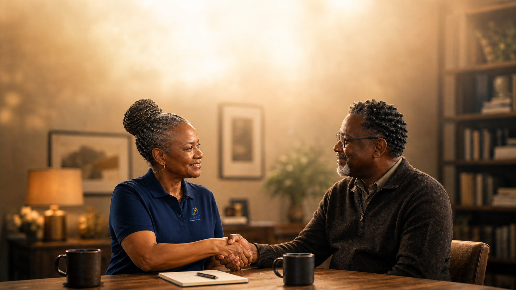A Halo Technology Group consultant and a client sharing a warm partnership moment