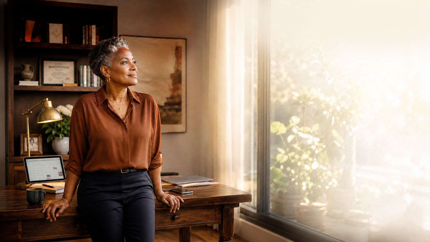 A confident 50+ entrepreneur in her office, looking forward to what's next