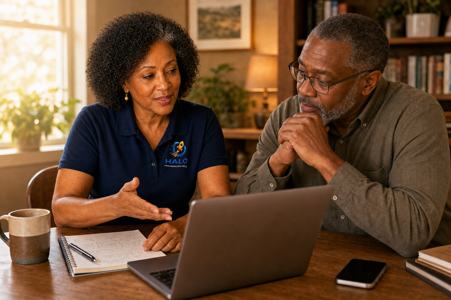 A Halo Technology Group consultant providing expert IT advice to a client at a desk
