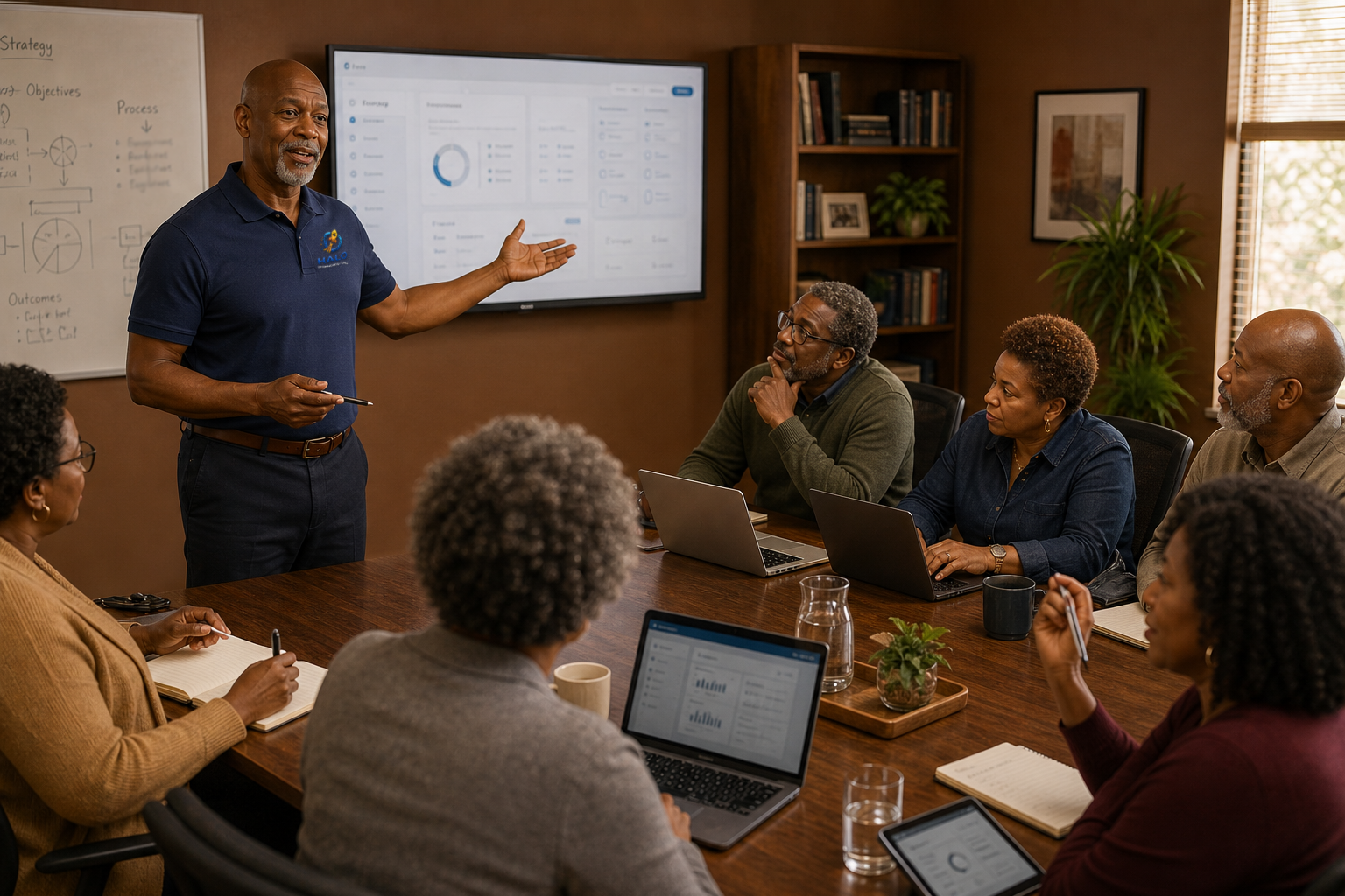 A Halo Technology Group consultant leading a staff training session in a conference room